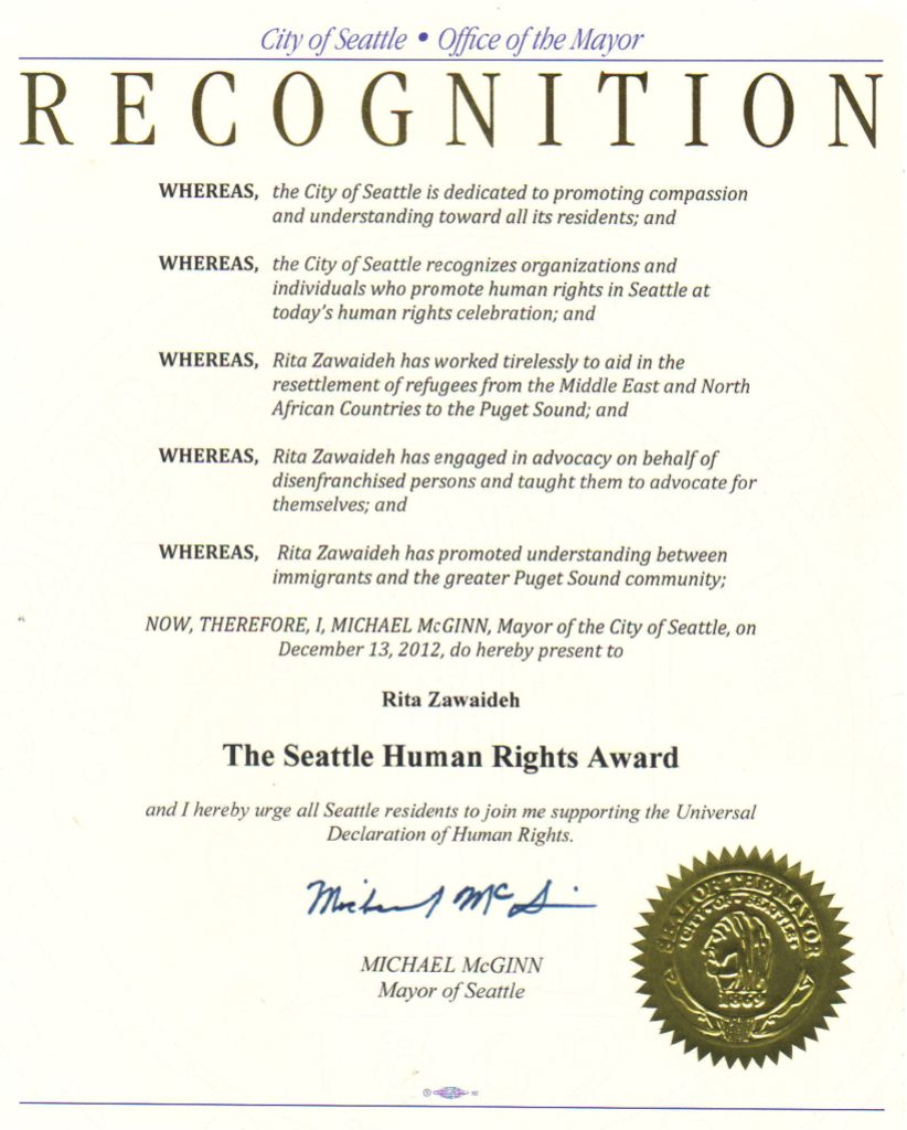 Rita Zawaideh received the Seattle Human Rights Award last week in Seattle. Congratulations - it's well deserved!